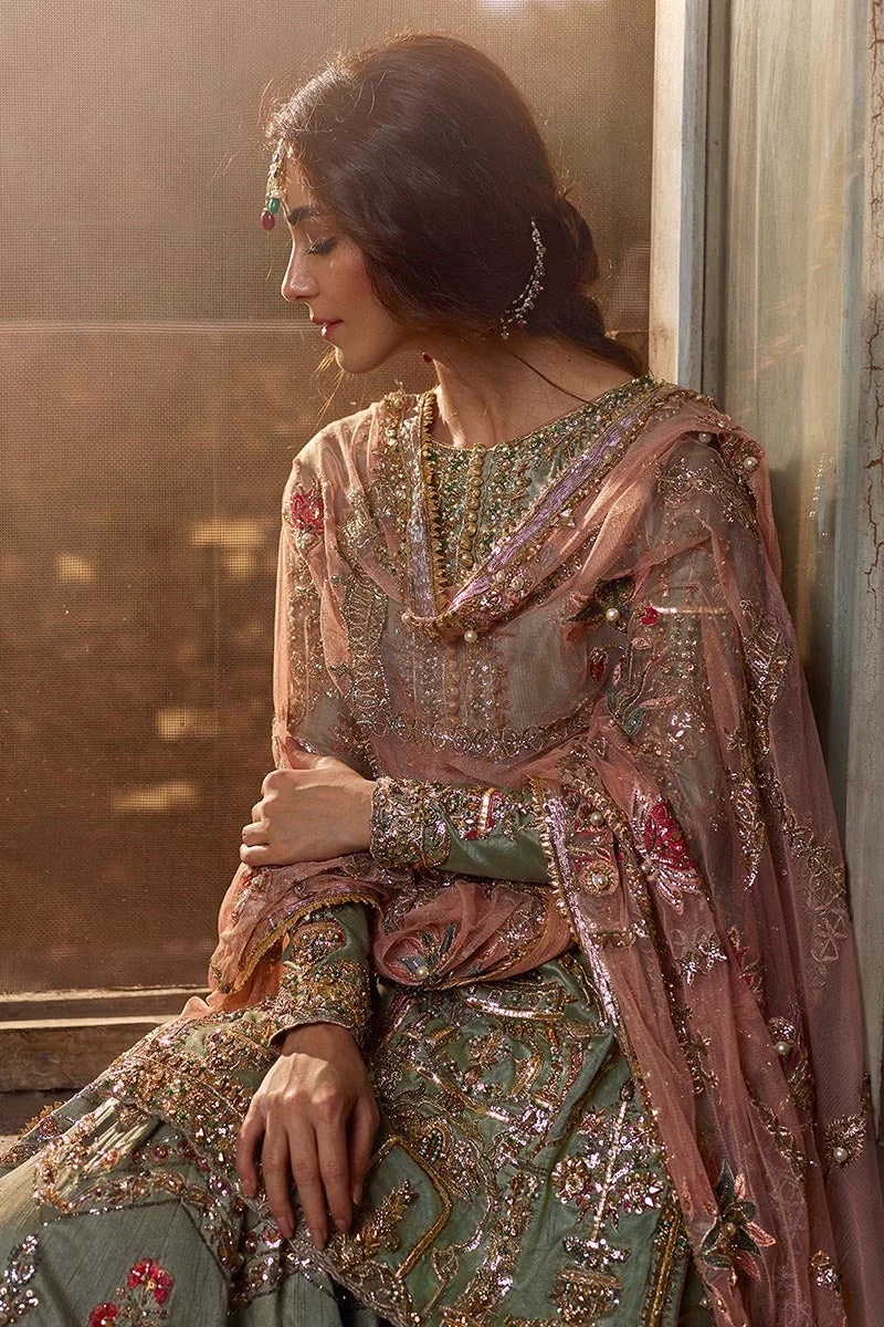 Gul- e- zamurd pakistani fashion outfit in gold, peach, red tones.